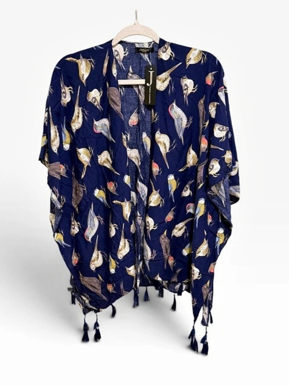 NWT Janice Navy Bird Print Kimono with Tassel Trim One Size